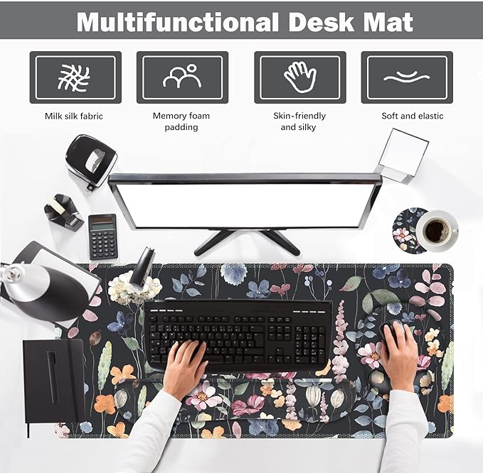 ARTSO Desk Mat Large Gaming Mouse Pad Wrist Support Set Ergonomic Keyboard Wrist Rest Desk Pad with Coaster Combo Extended Mousepad with Non-Slip for Home Office Flowers Plants