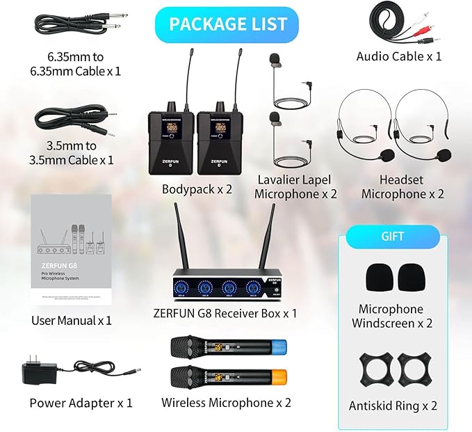 Pro Wireless Microphone System 4 Channel UHF Metal Cordless Handheld Headset Lavalier Lapel Mics for Church Karaoke Singing 4x50 Adjustable Frequency(G8 Battery 2 Handheld 2 Bodypack)