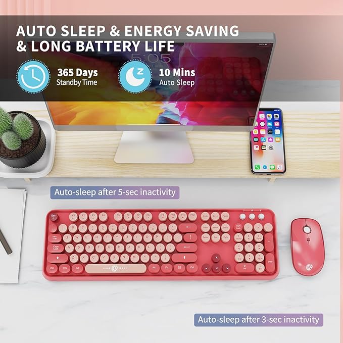 Wireless Keyboard and Mouse Combo 2.4 GHz Wireless Full-Sized Typewriter Keyboard with Round Keycaps for Windows Computer Desktop PC Laptop (BerryPink)