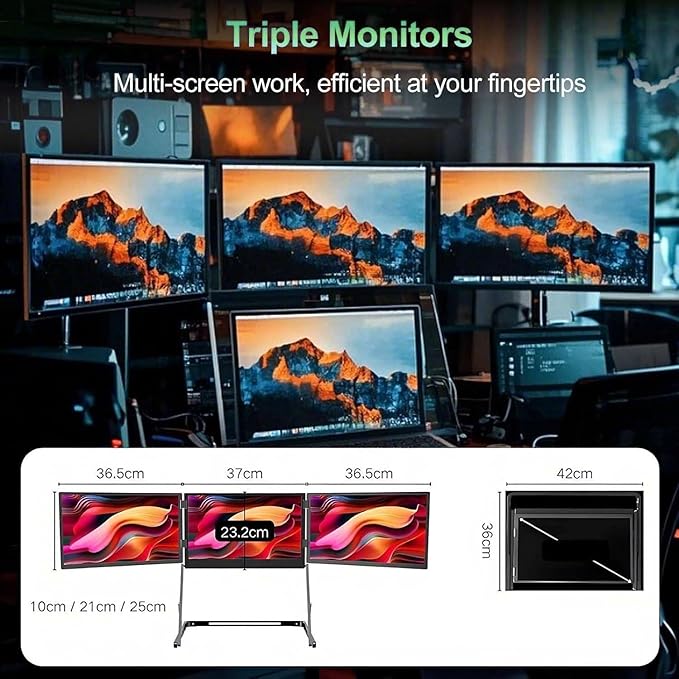 Triple Aero 15.6” Pro Premium Triple Portable Monitor Extender 1080P FHD Triple Screen Laptop Monitor Extender Portable Monitor for Lap Top with 360° Rotation Adjustable Viewing Angles