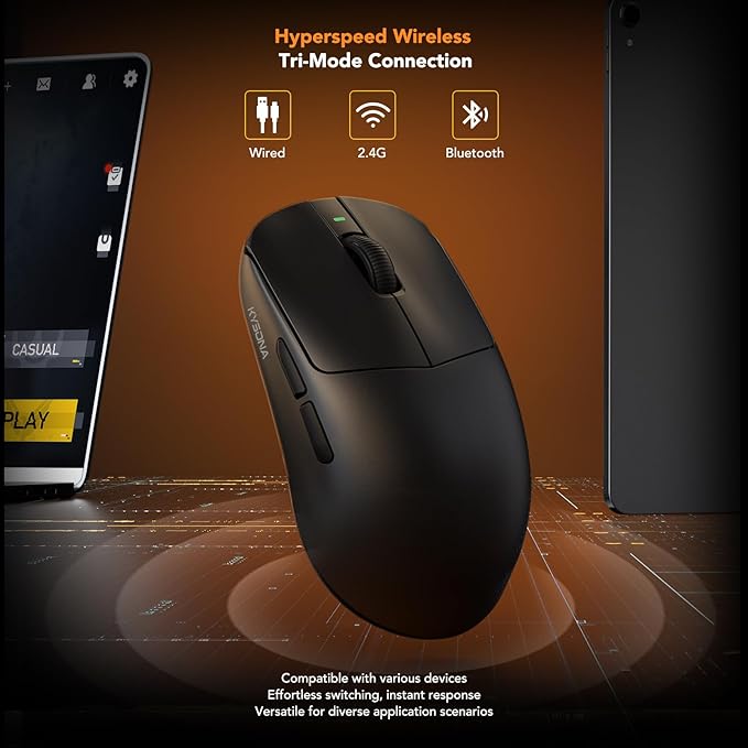 KYSONA Mercury Wireless Gaming Mouse41g Ultalight PAW3395 Sensor 8K Polling Rate26000 DPI5 Programmable Buttons Optical Mice for PC/MAC/LaptopBlack