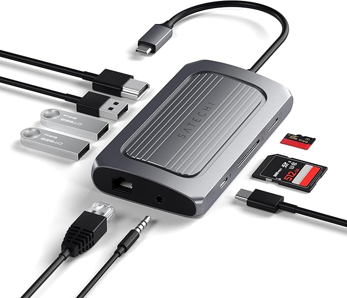 Satechi USB C Hub Multiport Adapter USB 4 with 8K HDMI 100W USB C PD Charging 3X USB-A Ethernet Micro/SD Card Readers Audio Jack for MacBook &amp Windows