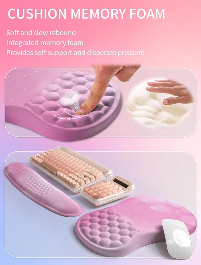 Hokafenle 2in1 Combination Wave Keyboard Wrist Rest and Ergonomic Curvature Mouse Pad Wrist Support for Relieve Wrist Pain Filled with Soft Cushion Memory Foam Romantic Pink