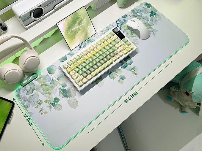 JMIYAV Green RGB Gaming Mouse Pad 31.5x12 Inch PC XL Large Glowing Led Light Up Desk Pad Non-Slip Rubber Base Computer Cute Mousepad Mat Desk Accessories Gaming Setup Spring Willow