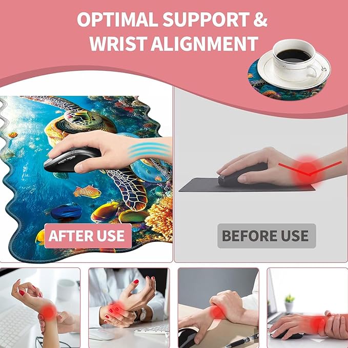 Large Gaming Mouse Pad Keyboard Wrist Rest Pad &amp Wrist Support Mousepad Set Stitched Edge Extended Non-Slip Base Memory Foam Desk Mat for Office HomeSwimming Sea Turtle