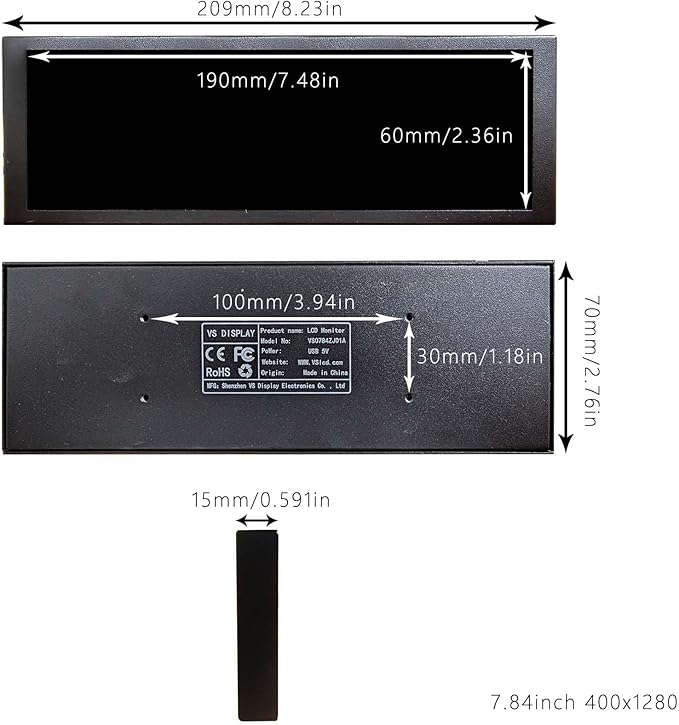 VSDISPLAY 7.84 Inch Mini Monitor IPS 1280x400 Stretched Bar LCD Secondary Display for Laptop Computer Speed Temp CPU GPU Data Monitoring Screen