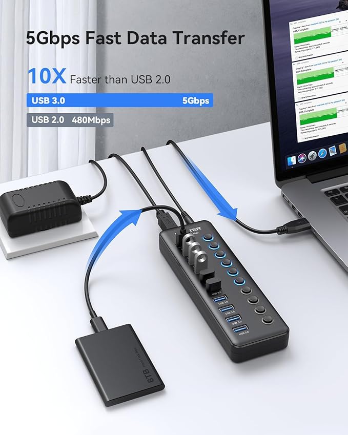 Powered USB Hub Wenter 10-Ports USB Splitter Hub 3.0 with Individual LED On/Off Switches and USB A-C Adapter 12V/3A Power AdapterPowered USB 3.0 Hub for PC Laptop Desktop