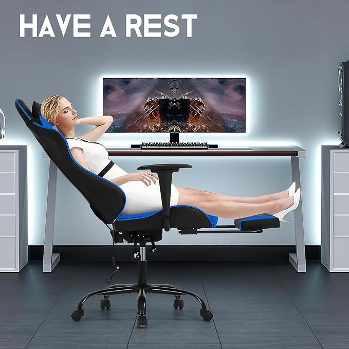 BLKMTY Massage Gaming Chair with Footrest Ergonomic Office Chair Racing Computer Chairs PU Leather with High Back Lumbar Support Headrest Reclining Chairs Blue