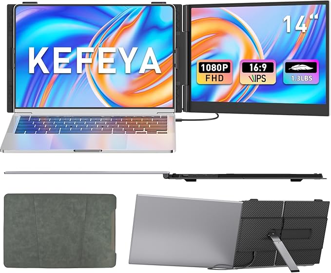 KEFEYA Laptop Screen Extender 14 FHD 1080P Portable Monitor for Laptops 0.19 Ultra-Thin Laptop Monitor Extender for 13-17 with USB-C/HDMI Port Plug n Play for Windows/Mac/Android/Switch/PS5