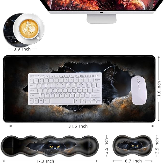 Mouse PadLarge Desk Mat Set 4in1 XL Mousepad + Keyboard Wrist Rest+Mouse Wrist Rest+Coaster with Ergonomic Desk Pad for Home Office Table Computer Cover -Black Cat with Yellow Eyes