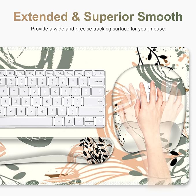 Large Mouse Pad with Wrist Support 4 in1 Set XXL Big Game Mousepad + Keyboard Wrist Rest+Mouse Wrist Rest+Coaster Ergonomic Gaming Mat for Home Office Table Computer I Modern Boho Leaves