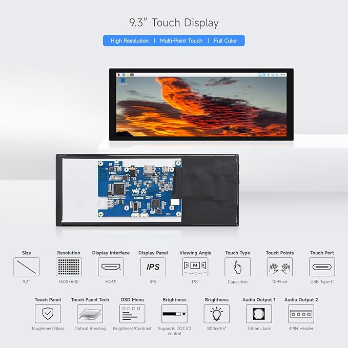 waveshare 9.3inch Capacitive Touch Display 1600×600 Resolution Raspberry Pi 5/4B/3B/Zero/Zero W/Zero 2W/Pico/Pico W/Pico WH Support Jetson Nano/Jetson Orin Nano Supports Windows 11/10/8.1/8/7