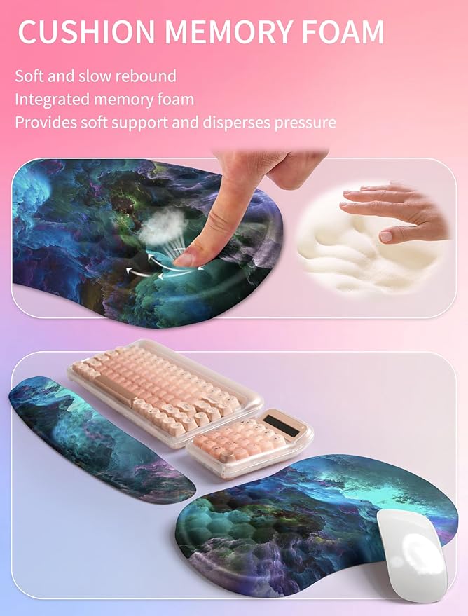 Hokafenle 2in1 Combination Wave Keyboard Wrist Rest and Ergonomic Curvature Mouse Pad Wrist Support for Relieve Wrist Pain Filled with Soft Cushion Memory Foam Nebula Dreamland