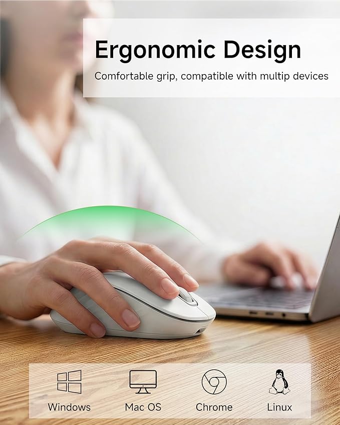 C1 Wireless Mouse for Laptop 2.4GHz and Bluetooth Silent Mouse for Small &amp Middle Hand 4000DPI Portable Ergonomic Rechargeable Mouse for PC iPad Mac Chromebook Office White