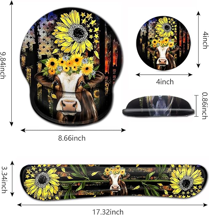 Ergonomic Mouse Pad with Gel Wrist Rest Support Suitable for Office Typing Games Mouse PadSoft Non-Slip Relieves Wrist Fatigue Beautiful Sunflower and Cute Cow Pattern Design Desktop Decoration
