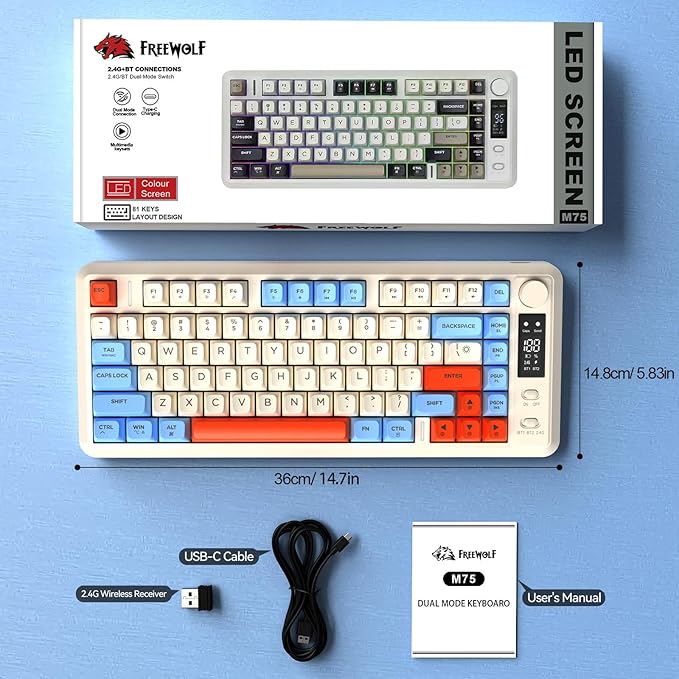 ZIYOU LANG M75 Wireless Gaming Keyboard RGB Backlit Rechargeable 2000mAh Battery Small Membrane But Mechanical Feel Keyboard with Smart Display &amp Knob PBT Gradient keycaps for PC MAC - Blueber