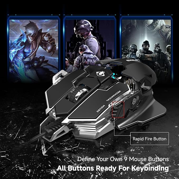 EWEADN G5 Wired Gaming Mouse Ergonomic RGB Computer Mouse 12800 Adjustable DPI 9 Programmable Macro Buttons with Rapid Fire Key Compatible for PC/Laptop/Windows-Black&ampWhite