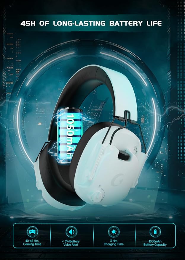 Wireless Gaming Headset for PS5 PC PS4 Switch Gaming Headset with Detachable Noise Cancelling Mic 2.4GHz &amp Bluetooth 5.3 Dual Connection 7.1 Surround Sound White