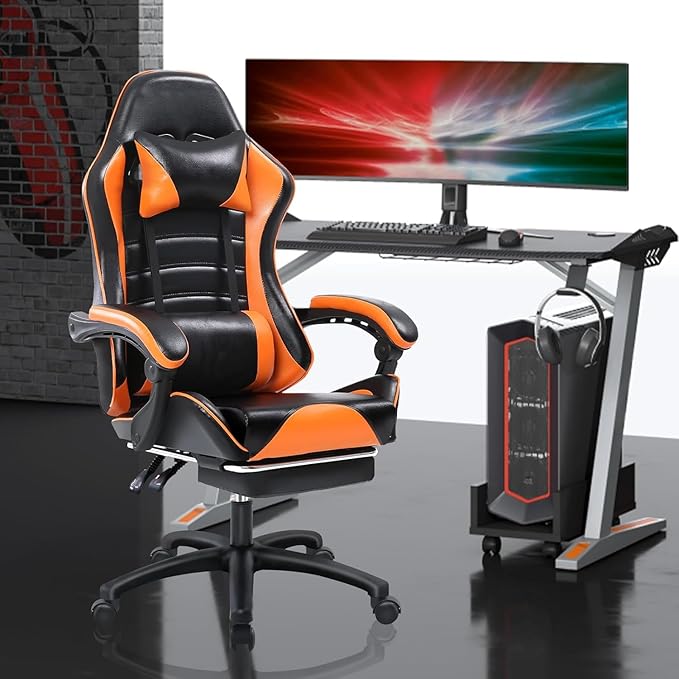 Gaming Chair - Premium Gaming Chairs for Adults Adjustable Video Game Chairs Comfy Gamer Chairs for Adults Uniquely Designed VTech Gaming Office Silla Gamer (Black+Orange)