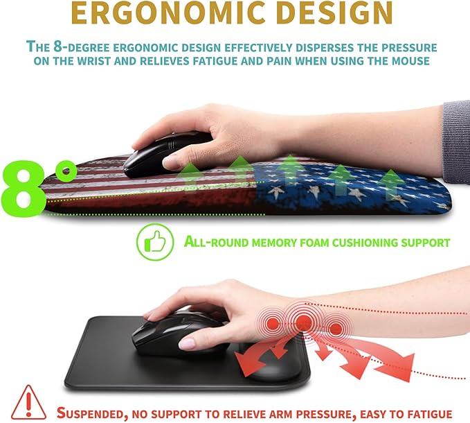 Hokafenle Ergonomic Mouse Pad Wrist Support with Massage Design Wrist Rest Pain Relief Mousepad with Memory Foam&ampNon-Slip PU Base Mouse Pads for Wireless Mouse &amp Desk (12x8 inchUSA Flag)