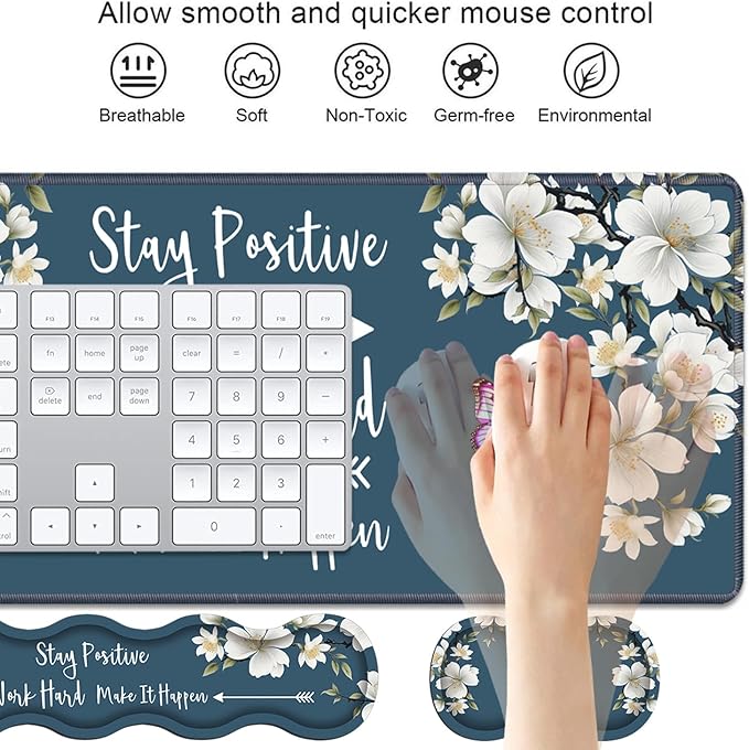 4 in 1 Ergonomic Keyboard Wrist Rest &amp Mouse Pad Wrist Rest SetStay Positive Work Hard and Make It Happen Inspirational Quote Large XXL Gaming Desk Mat with Non-Slip Base for Home Office Study Ga