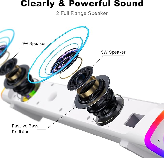 SOULION R30 Plus Bluetooth Computer Speakers All-in-One Control Button with 6 Modes LED Lights PC Speaker Wired USB Powered Surround Soundbar for Desktop Monitor Laptop White