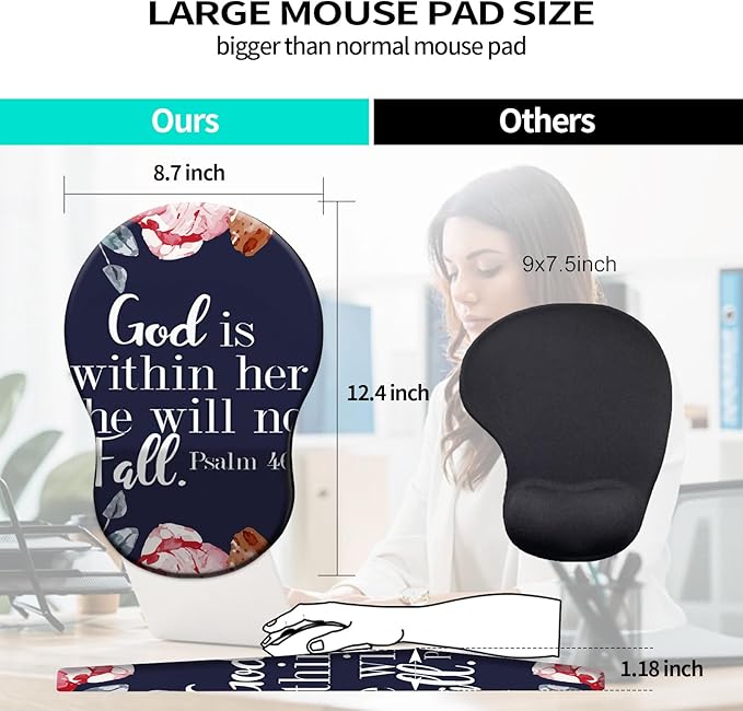 Mouse Pad with Wrist Support Gel Bible Verses Psalm 46-5 Flowers Pattern Design Ergonomic Gaming Mousepad with Wrist Rest for Laptop Computer Home Office Working Mouse Mat + A Cute Coffee Pad