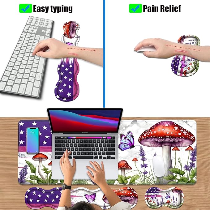 4 in 1 Ergonomic Keyboard Wrist Rest &amp Mouse Pad Wrist Rest Set Large XXL Gaming Desk Mat 31.5x 11.8 with Non-Slip Base Memory Foam for Home Office Study Gaming American Flag Mushroom Butterf