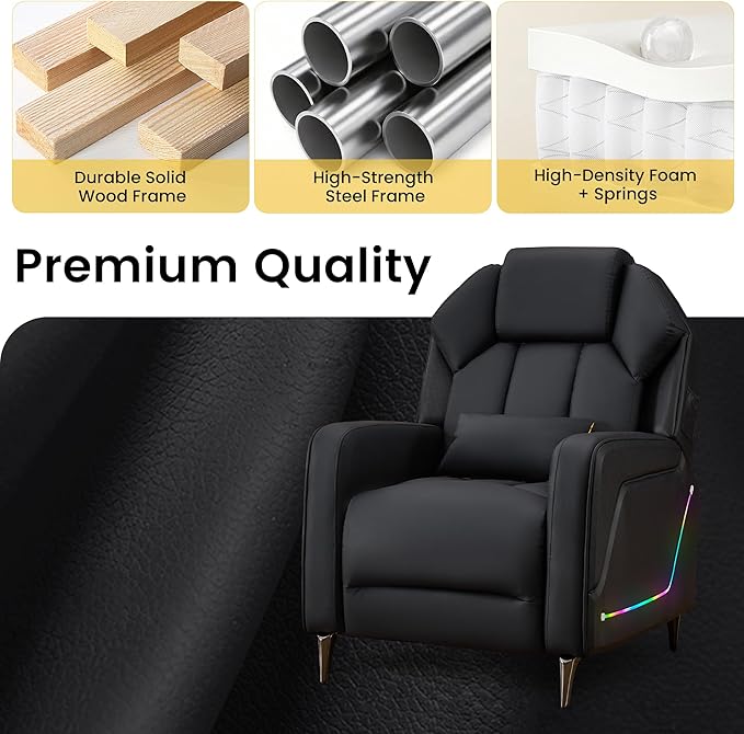 SAMERY Gaming Recliner Chair Push-Back Reclining Gaming Chair with Extended Footrest LED Light Pockets Lumbar Pillow Modern Ergonomic Recliner Sofa for Game Room Living Room (Black Recliner)