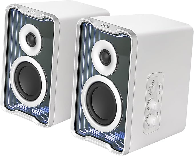 Edifier QR30 2.0 Desktop Active Speaker Compact Bluetooth V5.4 Computer Speakers Wireless Bookshelf Speaker 30W (RMS) 3.5mm AUX &amp USB-A Wired Input Dynamic Light Effects App Control White