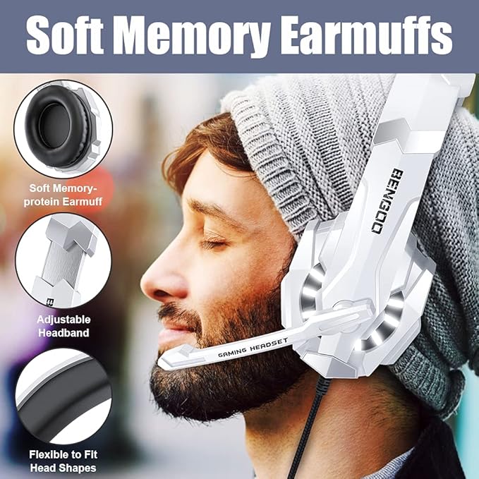 BENGOO Pro Gaming Headset for PS4 PS5 PC Xbox One Controller Noise Cancelling Over Ear Headphones with Mic LED Light Bass Surround Soft Memory Earmuffs for Laptop Mac - White