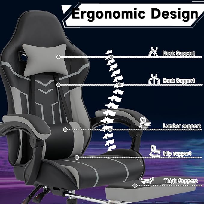 Ergonomic Gaming Chair with Footrest Black Gaming Chair for Adults Girls Women Video Game Chairs with Wheels &amp Lumbar Support 300 LBS Capacity (Black+Gray)