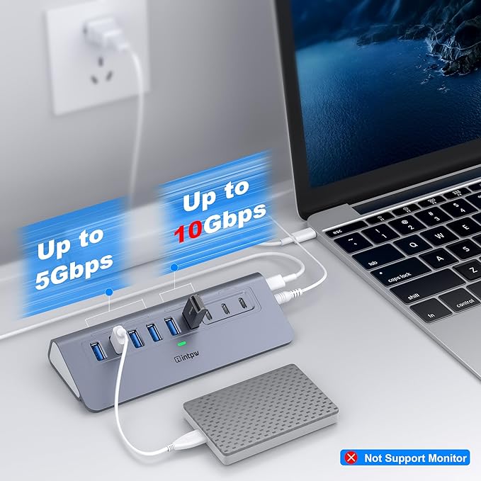 Powered USB Hub 10Gbps intpw YH6AC 9-Port USB Splitter with USB A/USB C 3.2 4 USB 3.0 2 PD 45W Charging Ports 65W Power Adapter + 3.3FT Cable Aluminum USB Extender Hub for Laptop PCiPhone 17/16