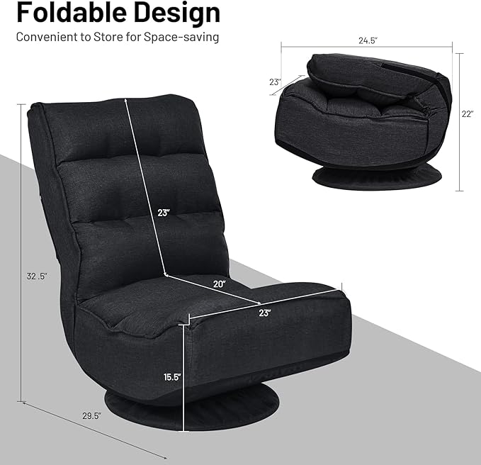 Rainfally 360-Degree Swivel Floor Sofa Chair Folding Gaming Chair w/ 5-Position Adjustable Backrest &amp Comfortable Sponge Padded Lazy Sofa Lounge Chair for Reading TV Watching or Gaming (Black)