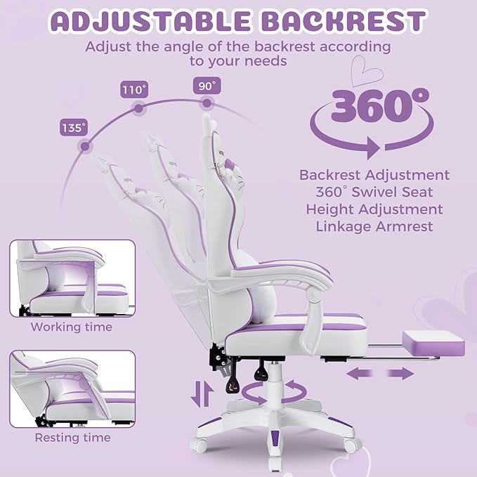 HOFFREE Gaming Chair for Girls with Cat Ears Massage Lumbar Computer Chair Game Chairs for Adults