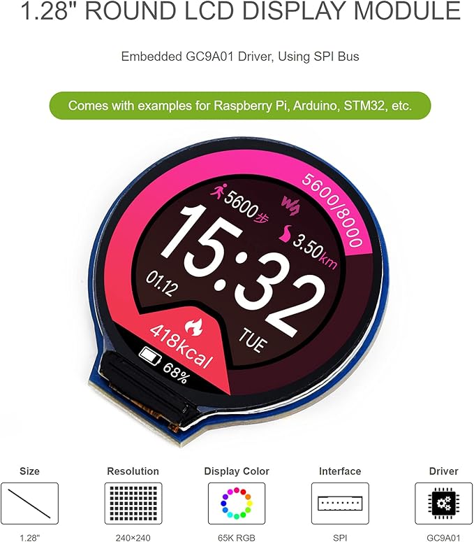 waveshare 1.28 inch Round LCD Display for Arduino/Jetson Nano/Raspberry Pi/STM32 240×240 IPS Screen Monitor 65K RGB Colors Using SPI Bus Embedded GC9A01 Driver