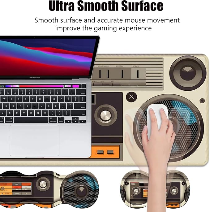 4 in 1 Ergonomic Memory Foam Mouse Pad Wrist Rest Set Large XXL Gaming Desk Pad + Keyboard Wrist Rest + Mouse Wrist Cushion + Coaster for Home Office Study Gaming Vintage Tape Recorder