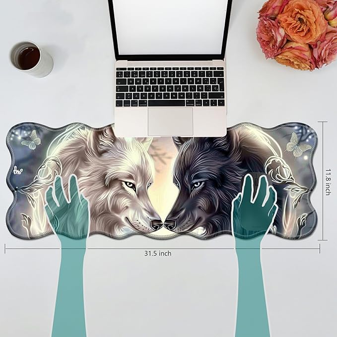 White and Black Wolf Love Rose Desk Mat Mouse Pad 31.5 x11.8 XL Extended Mousepad Huge Mouse Pads with Stitched Edges Desk Pad for Work Game Office Home