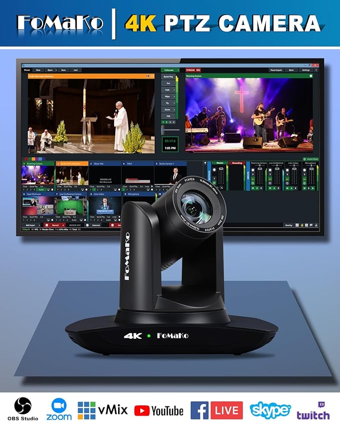 FoMaKo 4K 20X PTZ Camera HDMI AI Auto-Tracking PTZ CameraPTZ Controller PoE 3 LCD Screen Preview for Church Worship Education Conference Events PTZ BundleNDI 6 &amp NDI HX3 Certified(K20UH+KC608)