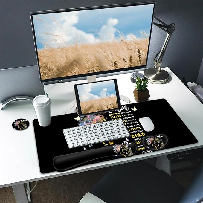 Large Mouse pad and Keyboard Support Set Ergonomic Memory Foam Keyboard Wrist Rest Extended Gaming Mouse Pad Woman Silhouette Inspirational Quotes XXL Desk Mat (31.5 X 11.8 in)