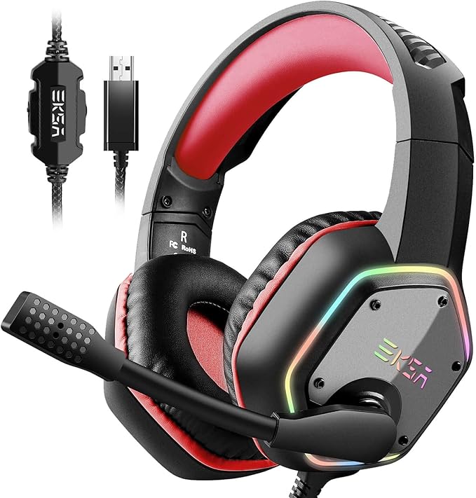EKSA E1000 Gaming Headset Computer Headphones with Noise Canceling Mic &amp RGB Light 7.1 Surround Sound Compatible with PC PS4 PS5 Console Laptop (Red)