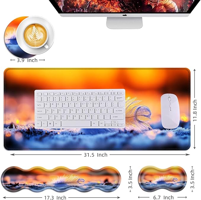 Mouse PadLarge Desk Mat Set 4in1 XL Mousepad + Keyboard Wrist Rest+Mouse Wrist Rest+Coaster with Ergonomic Desk Pad for Home Office Table Computer Cover -Feather at Sunrise