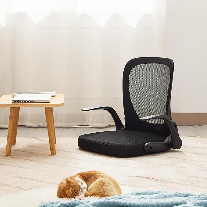 Ergonomic Floor Chair Foldable - Adjustable Armrest &amp Mesh Back Thick Cushioned Seat for Gaming Reading Meditation Multi-Use for Living Room Bed Tatami