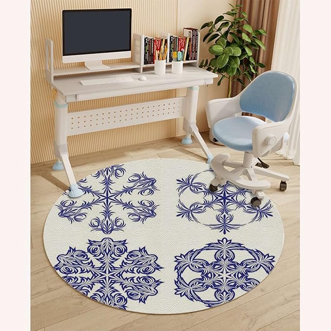 Navy Blue White PU Leather Round Area Rug Swivel Chair Mats for Hardwood Floor Old Fashioned Motifs Floor Protector Office Chair Mat Gaming Chair Mat Blue and White Diameter 39.4 in