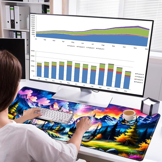 4 in 1 Large Mouse Pad Keyboard Wrist Rest Set Ergonomic Mouse Pad with Wrist Support Desk Mat with Stitched Edges Extended Desk Pad Waterproof Desk Mat for Home Office Game I Landscaping Mountain