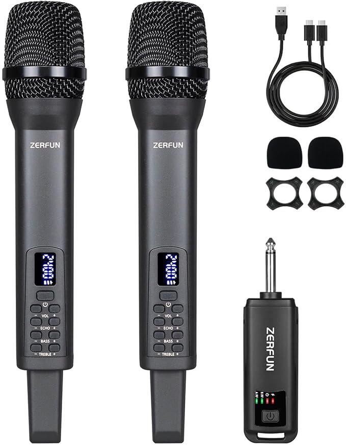 Rechargeable Wireless Microphones Dual Pro Handheld Cordless Mics System Dynamic with Echo Treble BASS VOL Control for Karaoke Singing Church Party 1/4'' Output D240 Grey