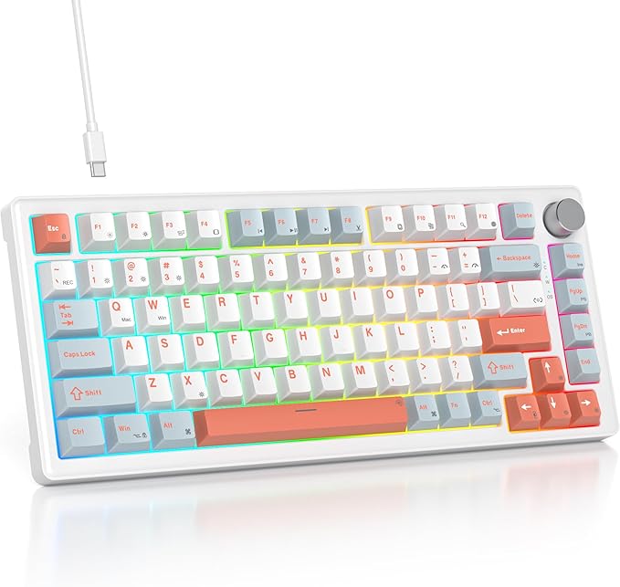 75% Mechanical Keyboard Gasket with Knob Custom Wired Creamy Gaming Keyboard TKL 75 Percent Hot Swappable RGB Backlit Pre-lubed Switch for Win/MAC PC Laptop（Salmon/White）