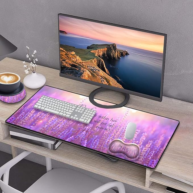 Desk Pad Gaming Mouse Pad + Wrist Rest Support Pad + Coaster 31.5'' × 11.8'' Durable Non-Slip Extended Computer Mouse Pad Suitable for Office and Home Quote Bible Verse Psalm 46:5