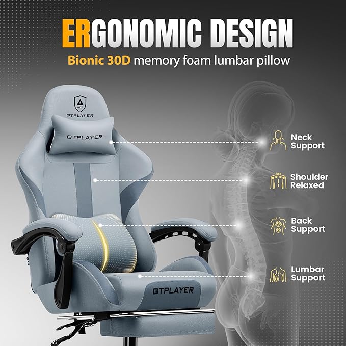 GTPLAYER Gaming Chair with Foot Rest &amp Pocket Spring Cushion Breathable Fabric for Home Office Desk Ergonomic High Back Computer Chair with Headrest &amp Lumbar Support Blue/Gray