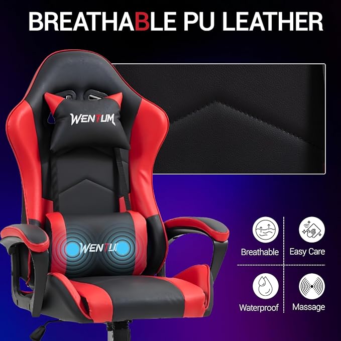 Gaming Chair PU Leather Massage PC Video Game Chair with Lumbar Support for Men Women Home Office Height Adjustable Ergonomic High Back Red
